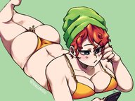 bikini drawing large_breasts red_hair lying_down short_hair phone big_butt no_background beanie between_buttcheeks hollewdz