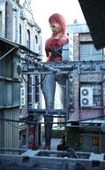 giantess city long_hair buildings pink_hair looking_down outdoors digital_render fater