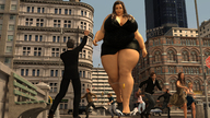 giantess city large_breasts cleavage brunette bbw foot_crush running looking_down digital_render galiagan