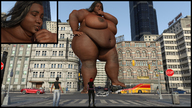 giantess nude city black_hair handheld barefoot huge_breasts bbw foot_crush kissing dark_skin digital_render galiagan