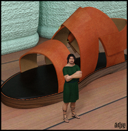 shoes sandals shrunken_man indoors digital_render arms_folded starkadhr tunic discarded_footwear