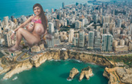 breasts giantess collage city mega destruction helicopter huge_breasts brunette looking_at_viewer