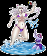 bikini drawing giantess white_hair long_hair cleavage water huge_breasts cat_ears pink_hair unknown_artist underboob cat_girl purple_skin no_background beach_ball cyclops