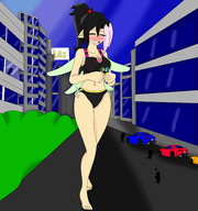 bikini drawing giantess blushing wings city black_hair color handheld barefoot vehicles pointed_ears fairyduni