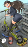 drawing large_breasts long_hair destruction clothed skirt blood brunette unknown_artist sitting surprised looking_down outdoors vehicle_crush bike