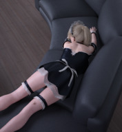 blonde ponytail dress lying_down shrunken_man maid_uniform indoors sofa digital_render daniel3gp