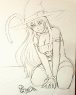 drawing long_hair cleavage playful smiling sitting sketch looking_down magician thick_thighs no_background witch_hat rayraywolfie