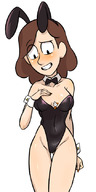 drawing large_breasts bunny_ears cleavage smiling looking_down milf leotard no_background between_breasts hilda_(series) alfur johanna_(hilda)
