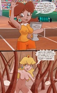 drawing chief micro princess_peach brunette sweat smiling shrunken_woman looking_down dialogue princess_daisy armpits armpit_hair trophy hair_forest