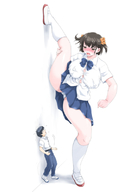 drawing panties blushing upskirt clothed huge_breasts brunette mini_giantess unknown_artist surprised looking_down no_background tight_clothing