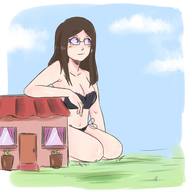 bikini drawing gentle giantess color long_hair glasses brunette smiling unknown_artist sitting looking_up outdoors