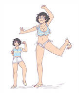 drawing growth black_hair cleavage huge_breasts sequence smiling short_hair ripped_clothing berggie no_background