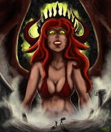 bikini drawing giantess horns wings large_breasts long_hair cleavage red_hair muscles crown looking_down dark_skin outdoors tinies freimgul