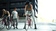 drawing black_hair clothed cleavage short_hair mini_giantess boots looking_down outdoors bike fater