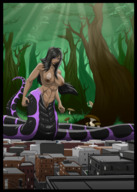 drawing giantess city mega black_hair long_hair buildings topless unknown_artist muscles mushroom forest outdoors snake_girl