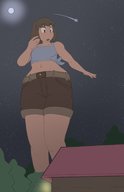 drawing clothed brunette moon short_hair surprised shorts looking_down houses outdoors neighborhood top shooting_star sihagen