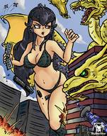 bikini drawing giantess city large_breasts angry train godzilla jets outdoors kaiju king_ghidorah bigbeerbear