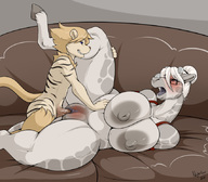 drawing white_hair furry blushing anthro black_hair large_breasts long_hair sex handheld saliva huge_breasts smiling short_hair mini_giantess unknown_artist indoors sofa thick_thighs handful no_background mass_vore
