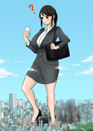 drawing giantess city mega black_hair color large_breasts destruction looking_down オレンジ orenji