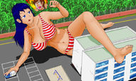 bikini drawing giantess vore long_hair destruction buildings blue_hair crying lying_down unknown_artist outdoors licking_lips vehicle_crush