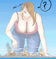 breasts drawing giantess giga long_hair destruction cleavage buildings huge_breasts brunette unknown_artist crawling looming clouds outdoors thick_thighs confused