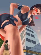 drawing giantess color large_breasts long_hair clothed buildings brunette ponytail heart looking_down outdoors knife eyepatch kasumikills fortnite