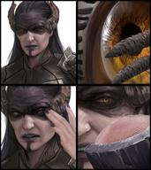 drawing crush micro horns alien armor angry blood unaware shrunken_man fingertip fingernail no_background marvel_comics mikurei26 proxima_midnight on_eye