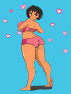 drawing black_hair clothed barefoot huge_breasts smiling short_hair unknown_artist heart looking_down dark_skin big_butt inside_clothing no_background