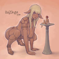 drawing giantess long_hair high_heels topless looking_down crouching freckles no_background skimpy_clothing pointed_ears bazinga