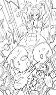 bikini drawing growth giantess monochrome long_hair destruction buildings outgrowing_building ponytail unknown_artist muscles crown looking_down skimpy_clothing