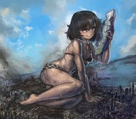 drawing giantess mega destruction brunette sweat yilx short_hair explosion jets outdoors licking_lips imminent_vore bite_mark