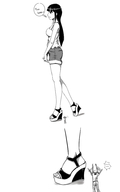 drawing black_hair long_hair high_heels unknown_artist sandals shorts walking unaware shrunken_man waving top dialogue no_background open_toe
