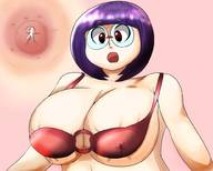 drawing pokemon glasses purple_hair huge_breasts short_hair unknown_artist surprised shrunken_man hanging_on on_nipple pressed_against_breast no_background shauntal