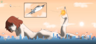 giantess nude city mega helicopter soles smiling skyline red_hair lying_down short_hair airplane explosion freckles cutaway spotlaight