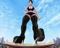 drawing giantess crush panties upskirt large_breasts cleavage blood brunette short_hair boots looking_down shoe_crush hand_on_hips bowing swgtsdrawing