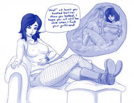 drawing vore black_hair long_hair boots unknown_artist sitting stomach shorts fishnets shrunken_woman looking_down tears top bracelet internal_view no_background rubbing_stomach