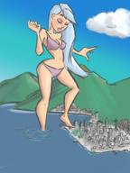 bikini drawing giantess white_hair giga city color barefoot cleavage ocean mountains dann21