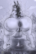 drawing giantess nude monochrome black_hair long_hair sweat unknown_artist bending_over looking_down foot_print odor