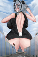 drawing white_hair blushing city buildings glasses butt_crush huge_breasts smiling ponytail unknown_artist sitting looking_down outdoors big_butt between_buttcheeks