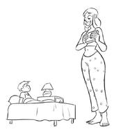 long_hair bed pajamas smiling mini_giantess unknown_artist looking_down indoors bedroom lamp no_background bare_midriff