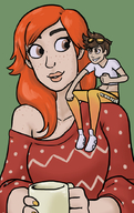 drawing gentle color glasses brunette brown_eyes red_hair shrunken_woman on_shoulder looking_at_tiny mug sunny-d-lite