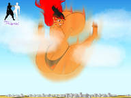 drawing giantess panties giga city color butt barefoot red_eyes huge_breasts topless red_hair falling imminent_butt_crush tiggemini