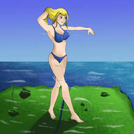 bikini drawing giantess blonde color barefoot cleavage ocean unknown_artist