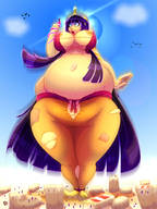 drawing growth giantess city black_hair long_hair huge_breasts unknown_artist bbw surprised belly crown open_mouth outdoors snake_girl ripped_clothing