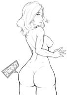 drawing insertion nude blushing monochrome large_breasts long_hair unknown_artist heart looking_back big_butt