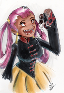 drawing pokemon vore large_breasts long_hair saliva pink_hair unknown_artist twintails shrunken_woman open_mouth dark_skin earrings sharp_teeth no_background