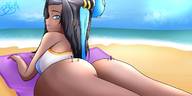 drawing pokemon blushing black_hair long_hair beach lying_down shrunken_woman shrunken_man dark_skin outdoors looking_back on_butt bapasma nessa_(pokemon)