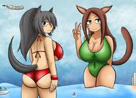 bikini drawing giantess black_hair long_hair swimsuit beach cleavage huge_breasts cat_ears brunette ponytail airplane cat_girl boats outdoors big_butt dinobirdofdoom yacht