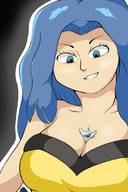drawing color cleavage blue_hair shrunken_person no_background looking_at_tiny maskedcocoa between_breasts
