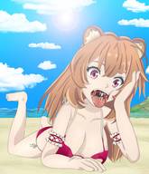 bikini drawing vore long_hair tongue beach saliva huge_breasts brunette lying_down unknown_artist outdoors on_tongue on_shoulder shield_hero raphtalia naofumi filo